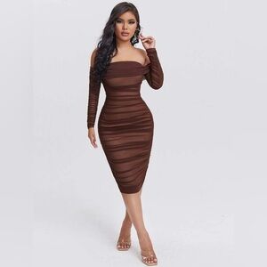 SHEIN SXY Ruched Off Shoulder Mesh Bodycon Dress
